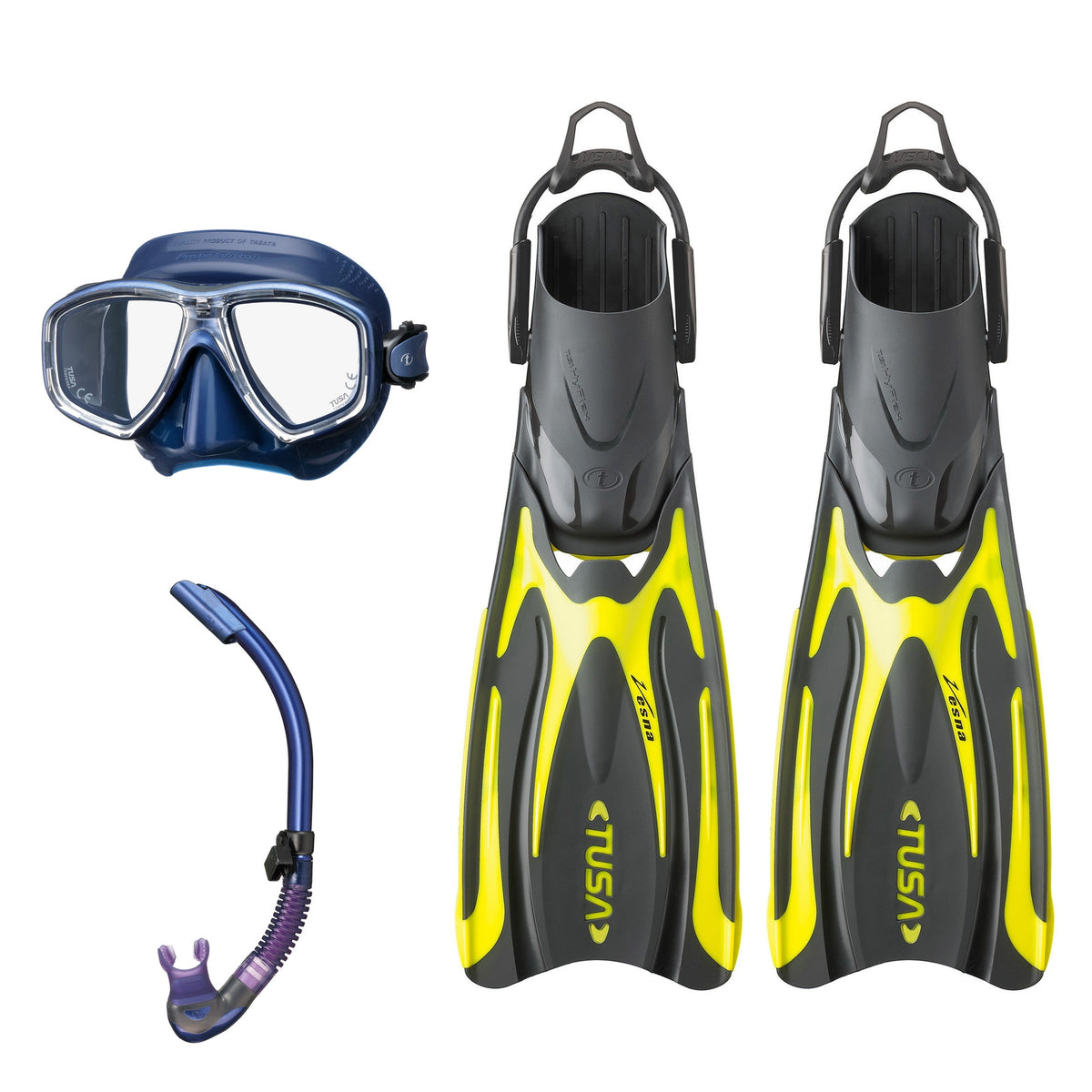 Tusa Freedom Ceos mask and Platina II snorkel in navy, with Hyflex Vesna fins in yellow