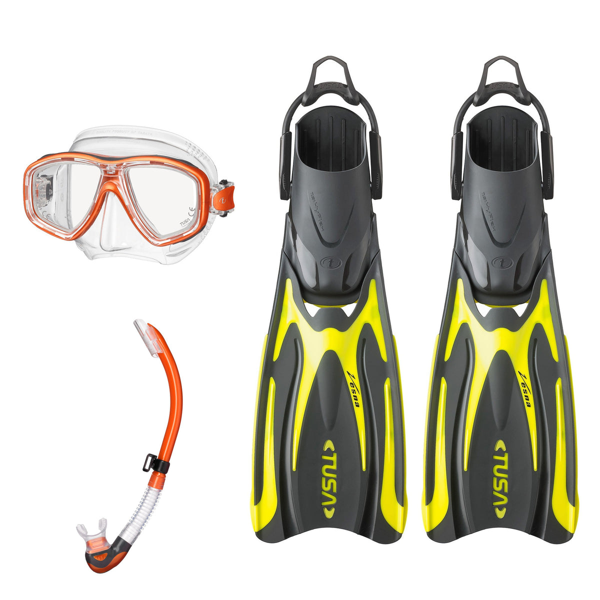 Tusa Freedom Ceos mask and Platina II snorkel in clear and orange, with Hyflex Vesna fins in yellow