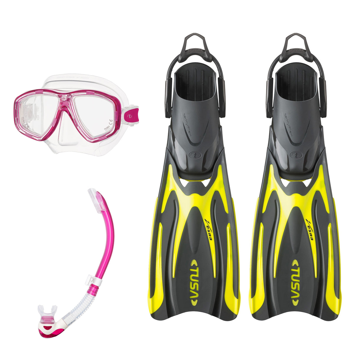 Tusa Freedom Ceos mask and Platina II snorkel in clear and pink, with Hyflex Vesna fins in yellow