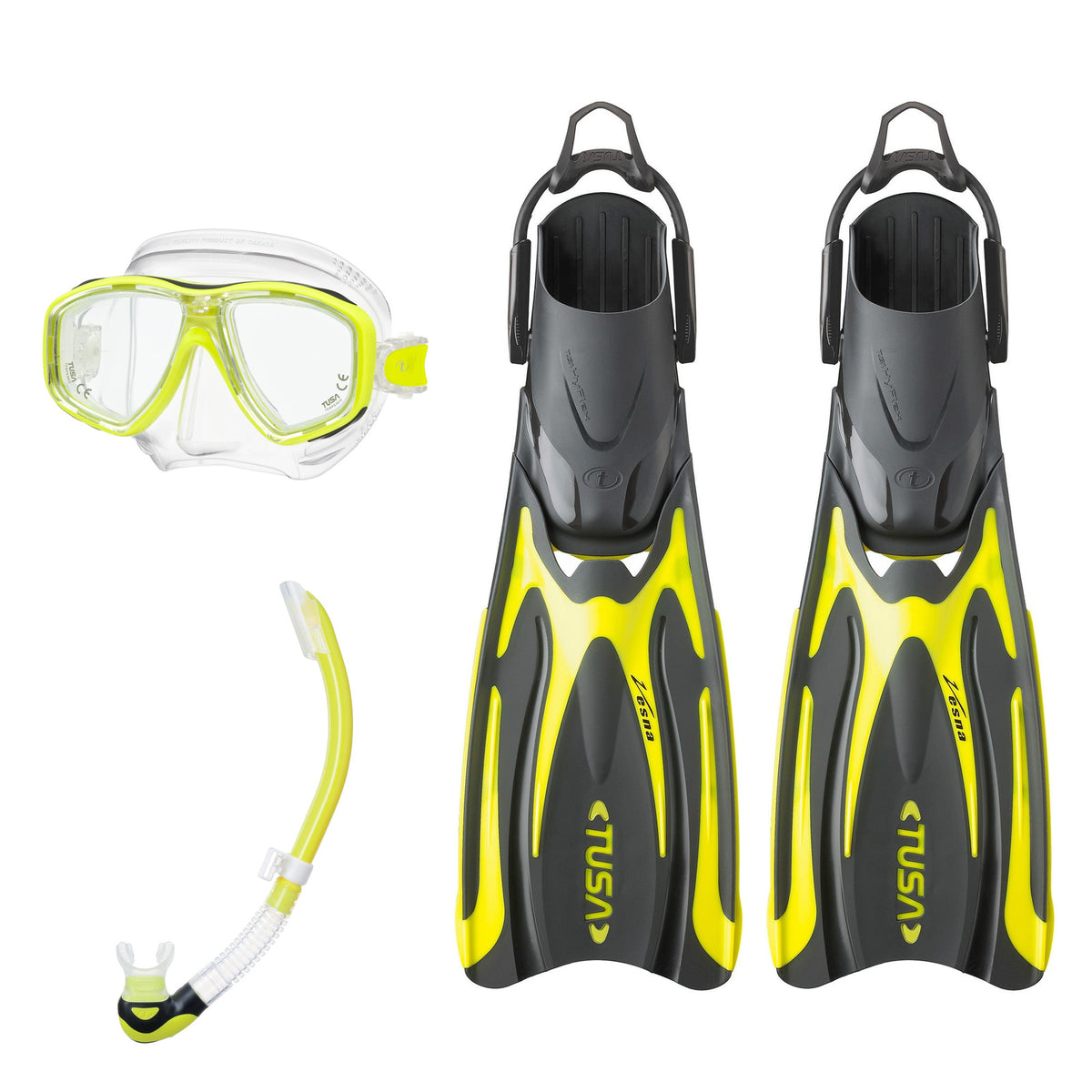 Tusa Freedom Ceos mask and Platina II snorkel in clear and yellow, with Hyflex Vesna fins in yellow