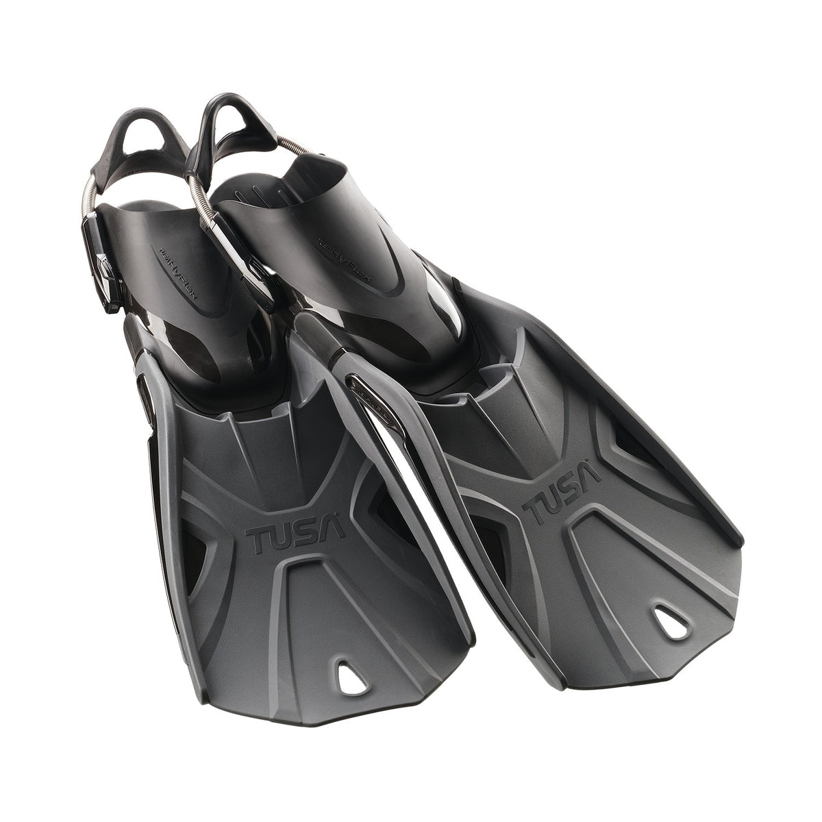 Pair of black Tusa Hyflex Tri-Force fins with short, wide blades