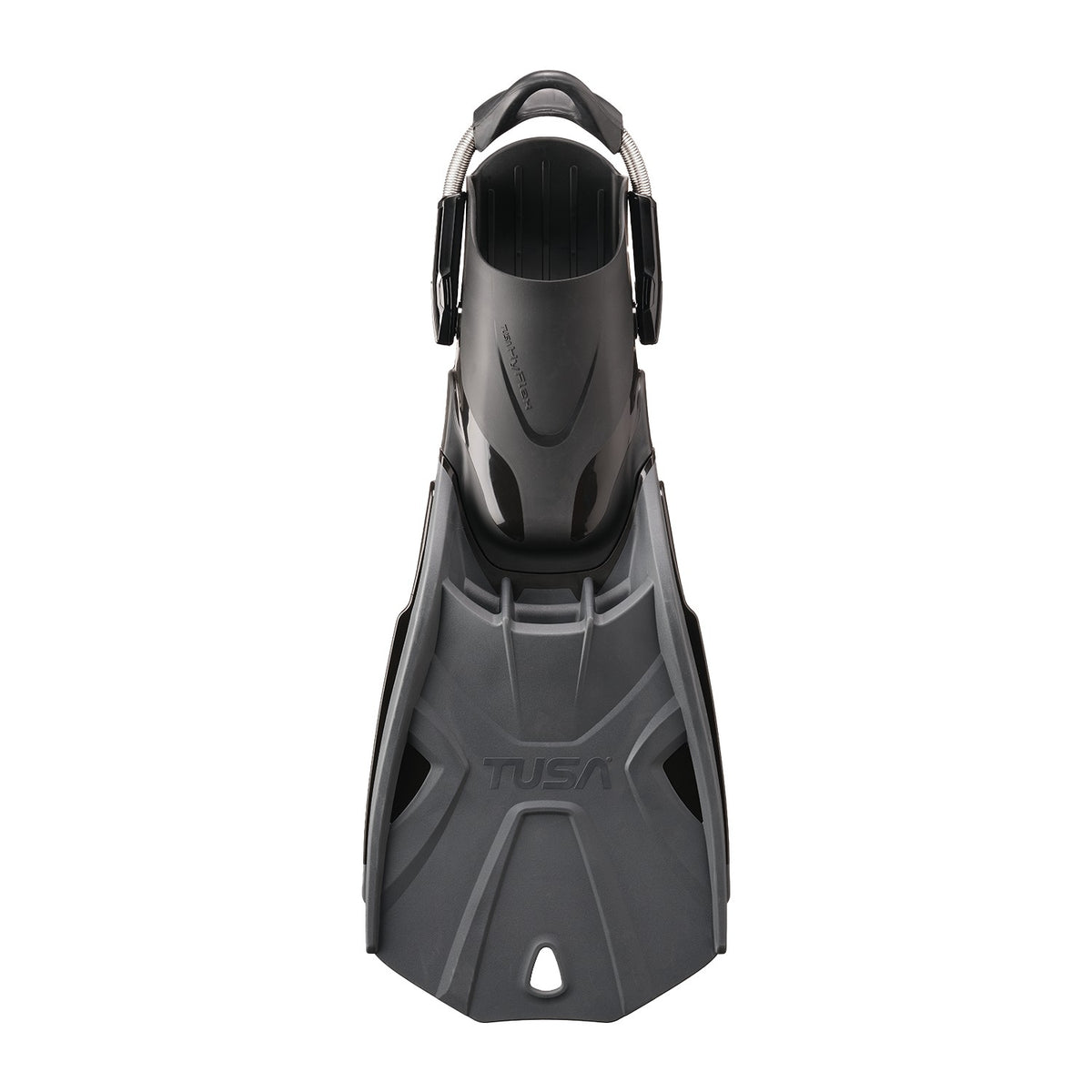 Pair of black Tusa Hyflex Tri-Force fins with short, wide blades