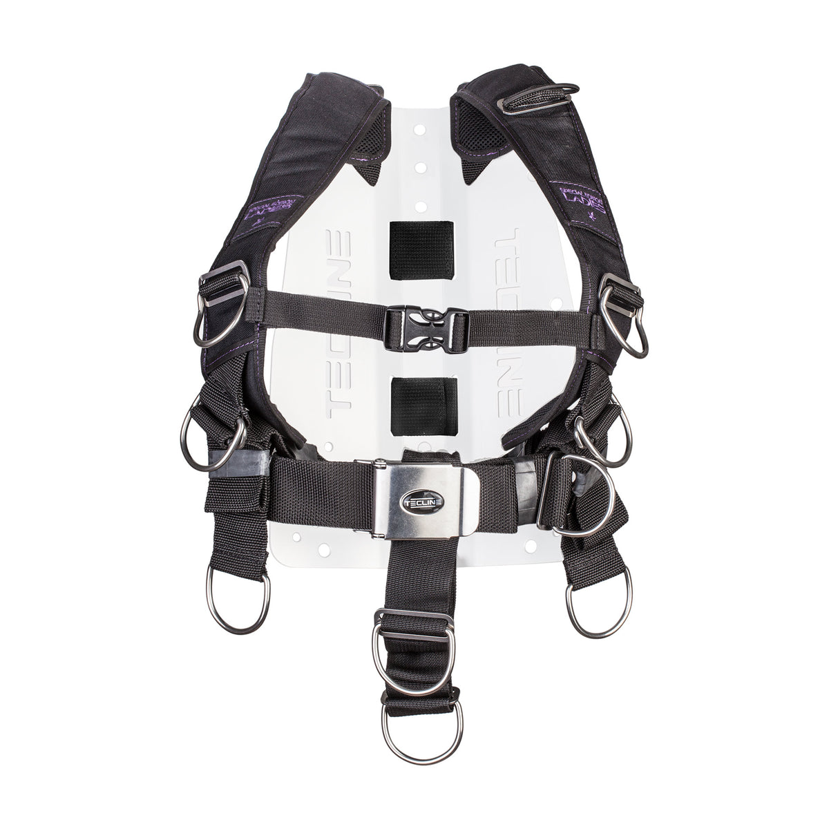 Tecline Comfort Lady harness with Lady Comfort shoulder pads, shown fitted to a backplate