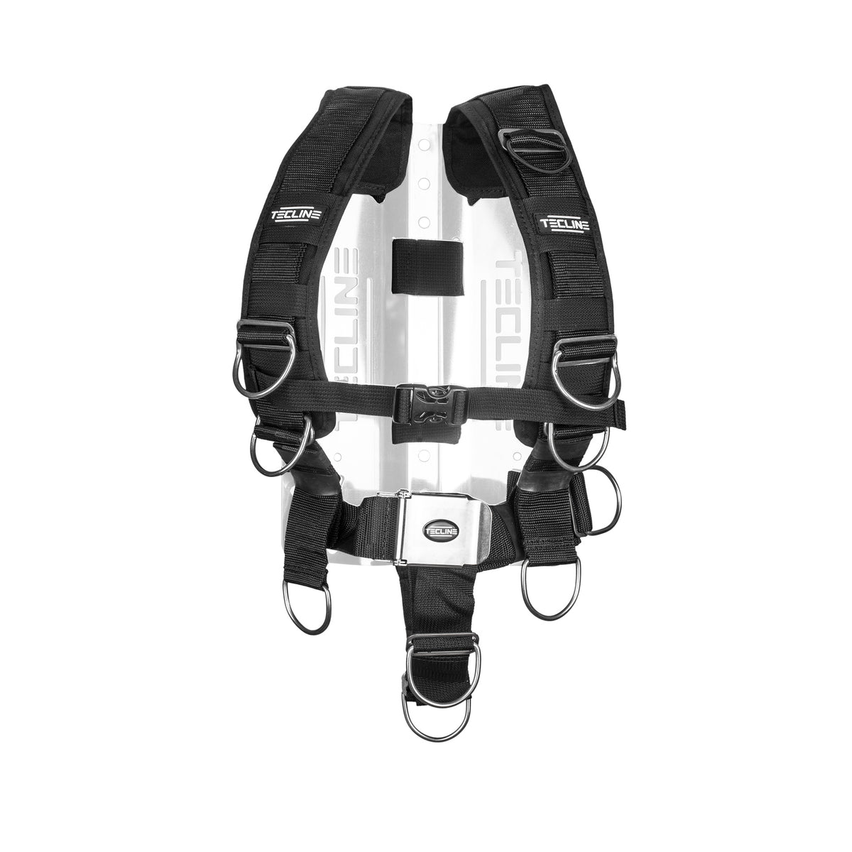 Tecline Comfort adjustable harness in black with soft shoulder pads, shown fitted to a backplate