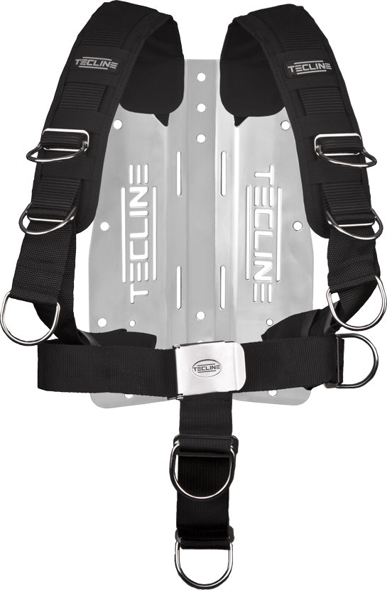 Tecline Comfort harness with shoulder pads on a 3 mm aluminium standard backplate