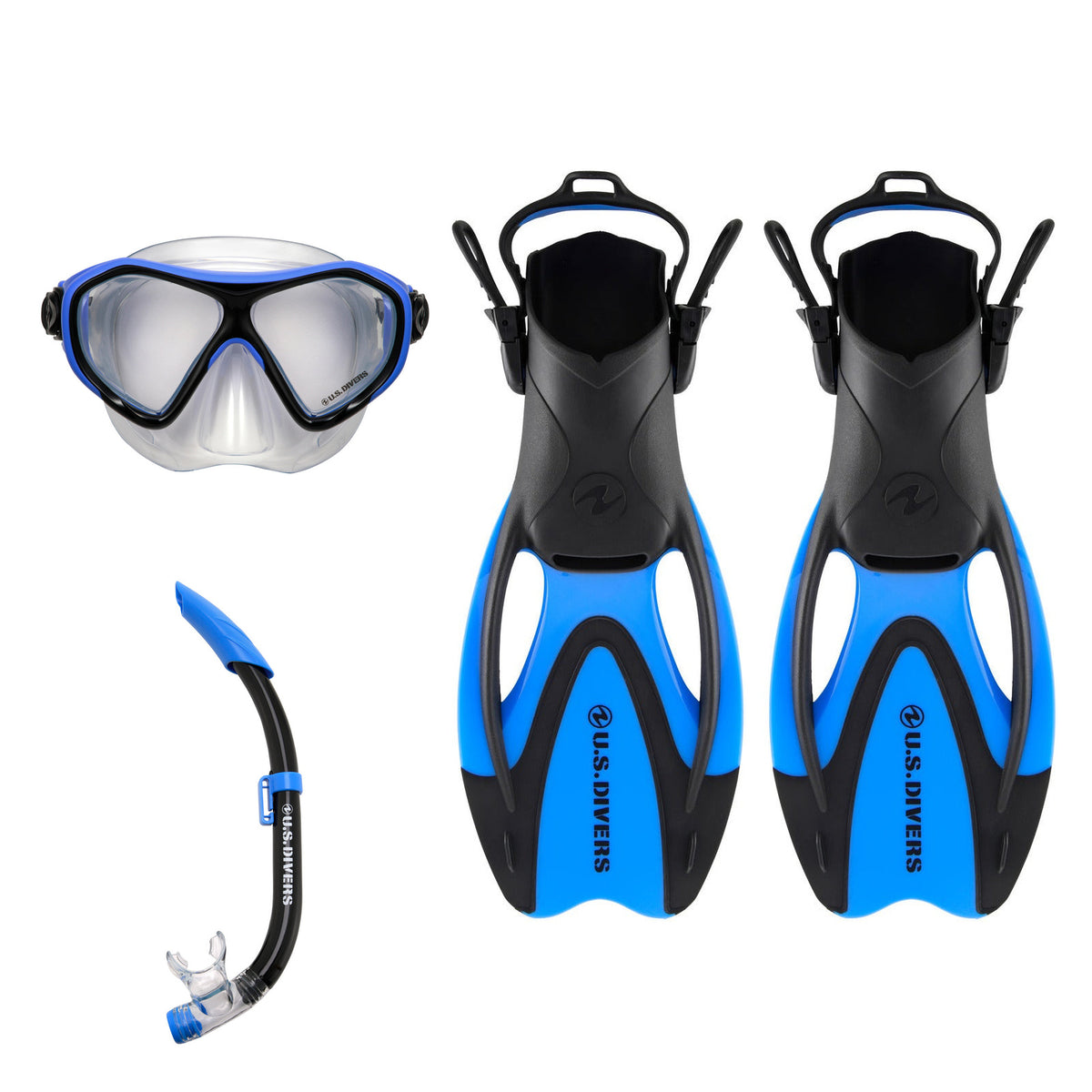 U.S. Divers Dorado II Junior mask, Seabreeze junior snorkel and Proflex FX Jr fins, all in black and pink