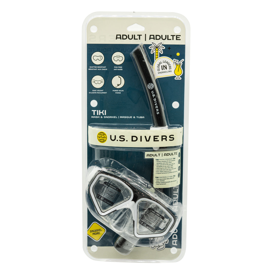 Black and white Tiki adult mask and snorkel combo in retail packaging