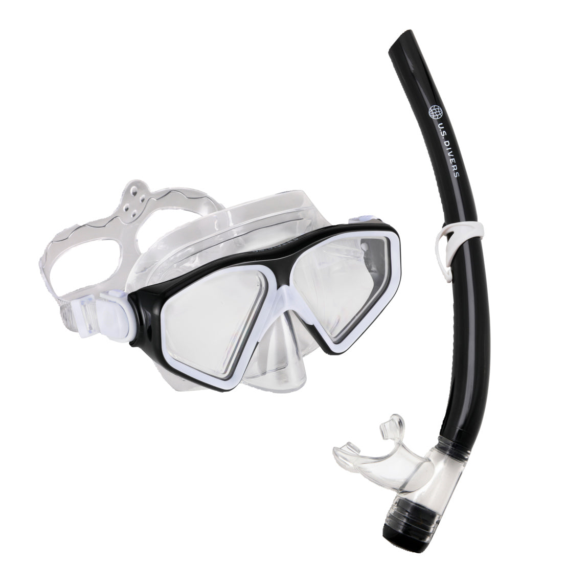 U.S. Divers Tiki adult mask in black and white with a black snorkel