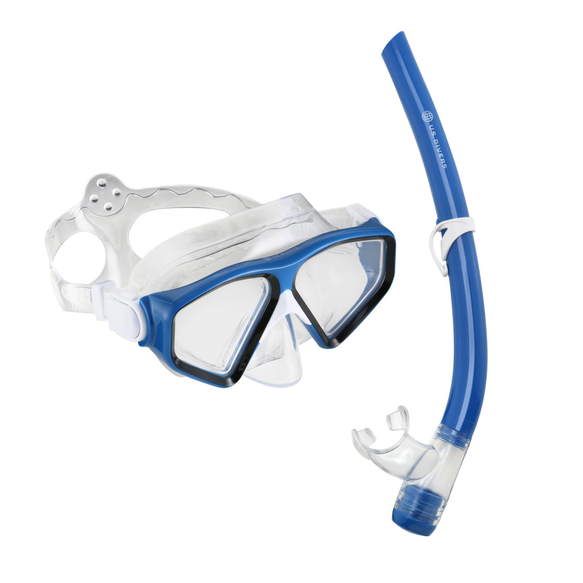 U.S. Divers Tiki adult mask in blue with a clear skirt, paired with a blue snorkel