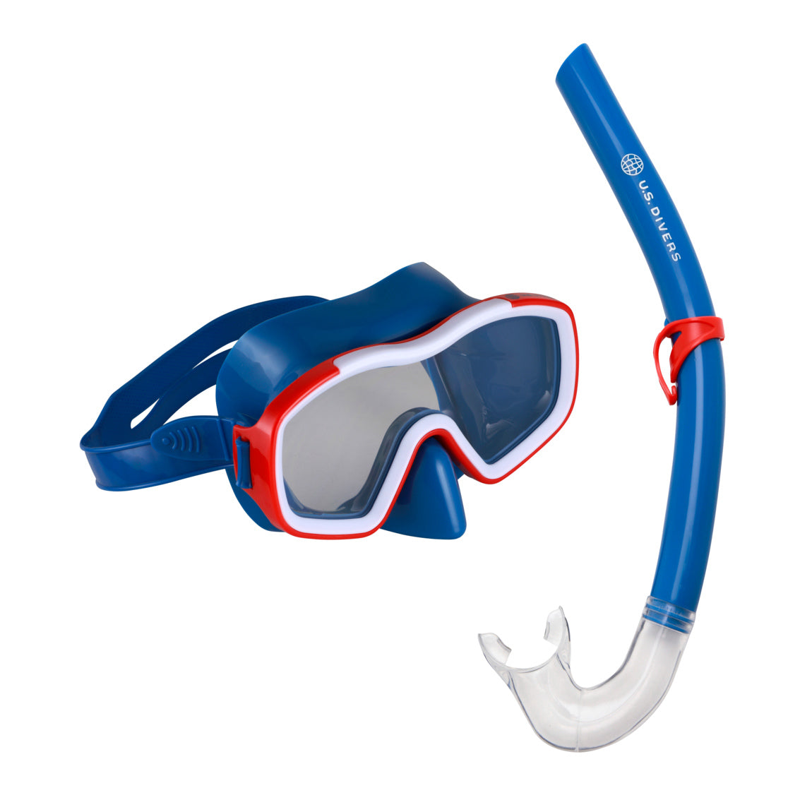 U.S. Divers Tiki Junior mask in blue with a red and white frame, with the blue Giraffe snorkel