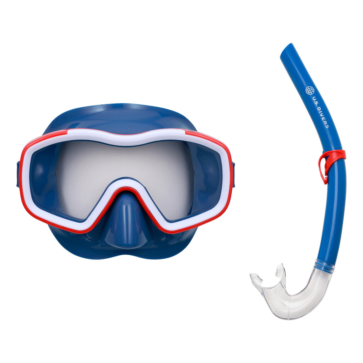U.S. Divers Tiki Junior mask in blue with a red and white frame, and Giraffe DX junior snorkel in blue