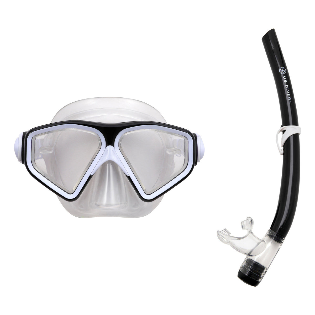 U.S. Divers Tiki mask in black and white on a clear skirt and open barrel J snorkel in black