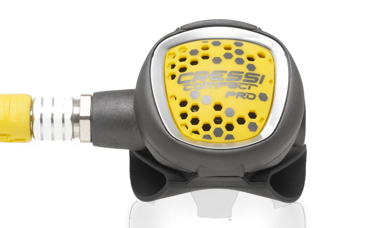Yellow Compact Pro octopus with its metal hose fitting and yellow hose
