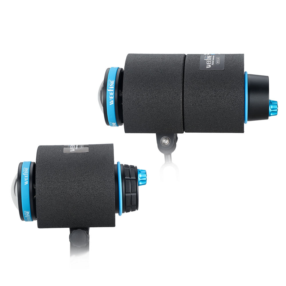 Two WeeFine video lights fitted with foam buoyancy collars