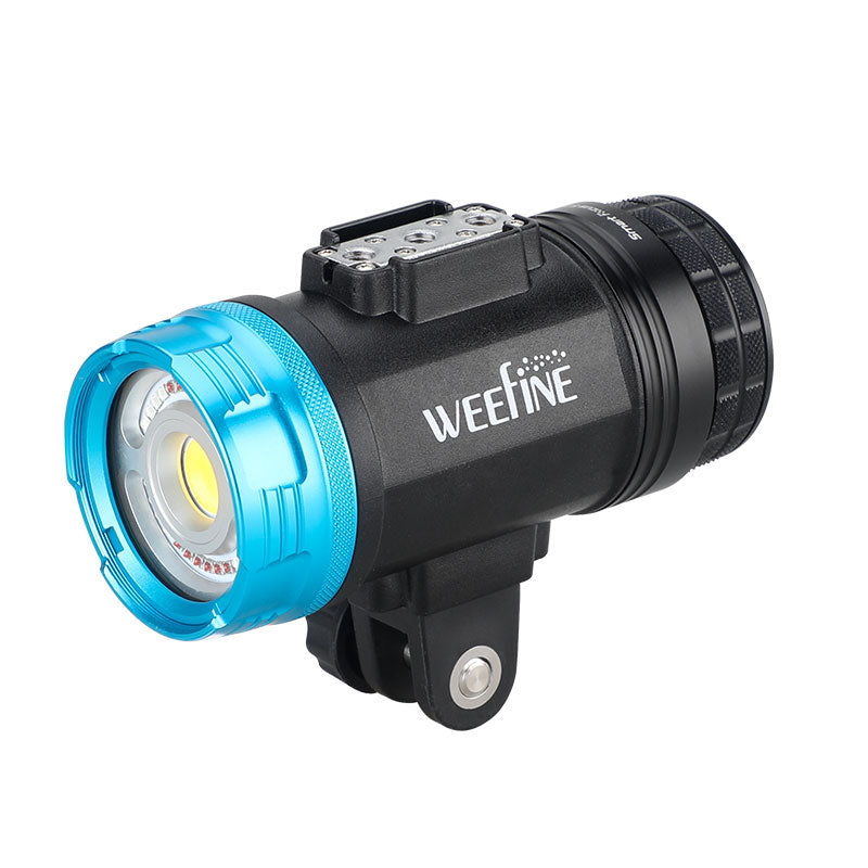 WeeFine Smart Focus 5000 v2 video light, front view with the blue head and COB LED
