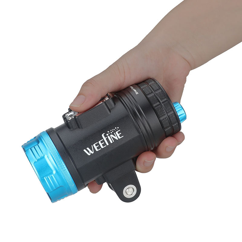 WeeFine Smart Focus 5000 v2 video light, front view with the blue head and COB LED