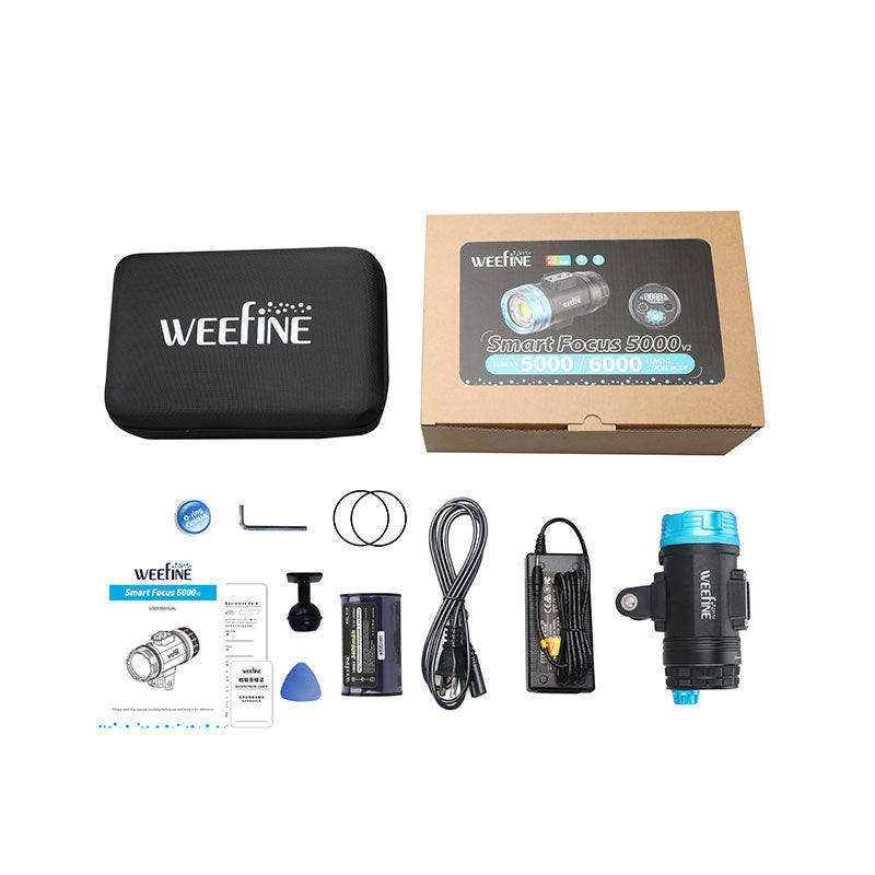 WeeFine Smart Focus 5000 v2 box contents: light, battery, charger, mount, case and tools