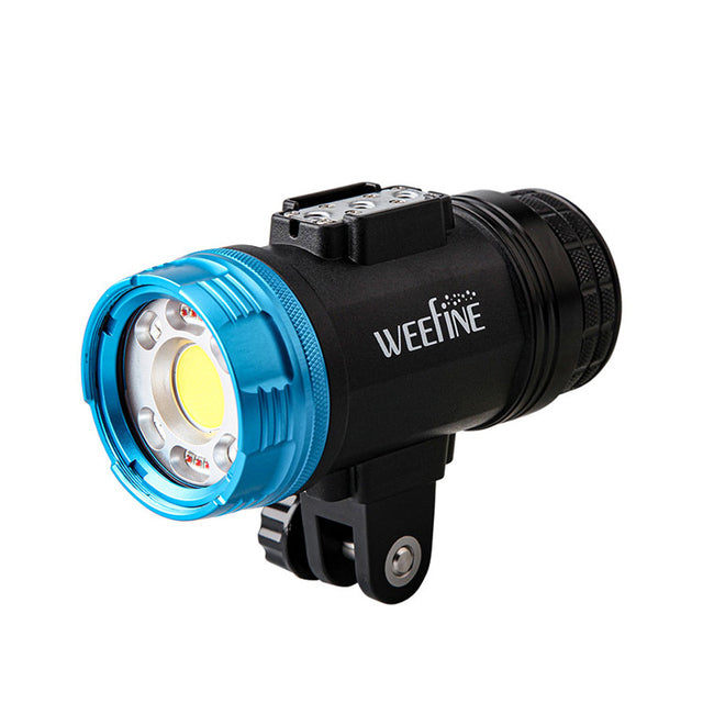 WeeFine Smart Focus 7000 video light, three-quarter front view with the blue head