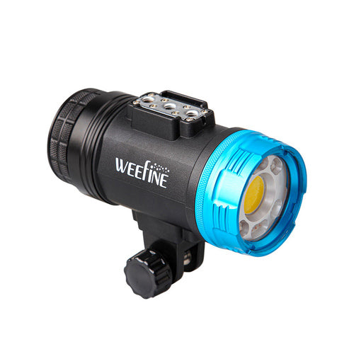 WeeFine Smart Focus 7000 video light, three-quarter front view with the blue head