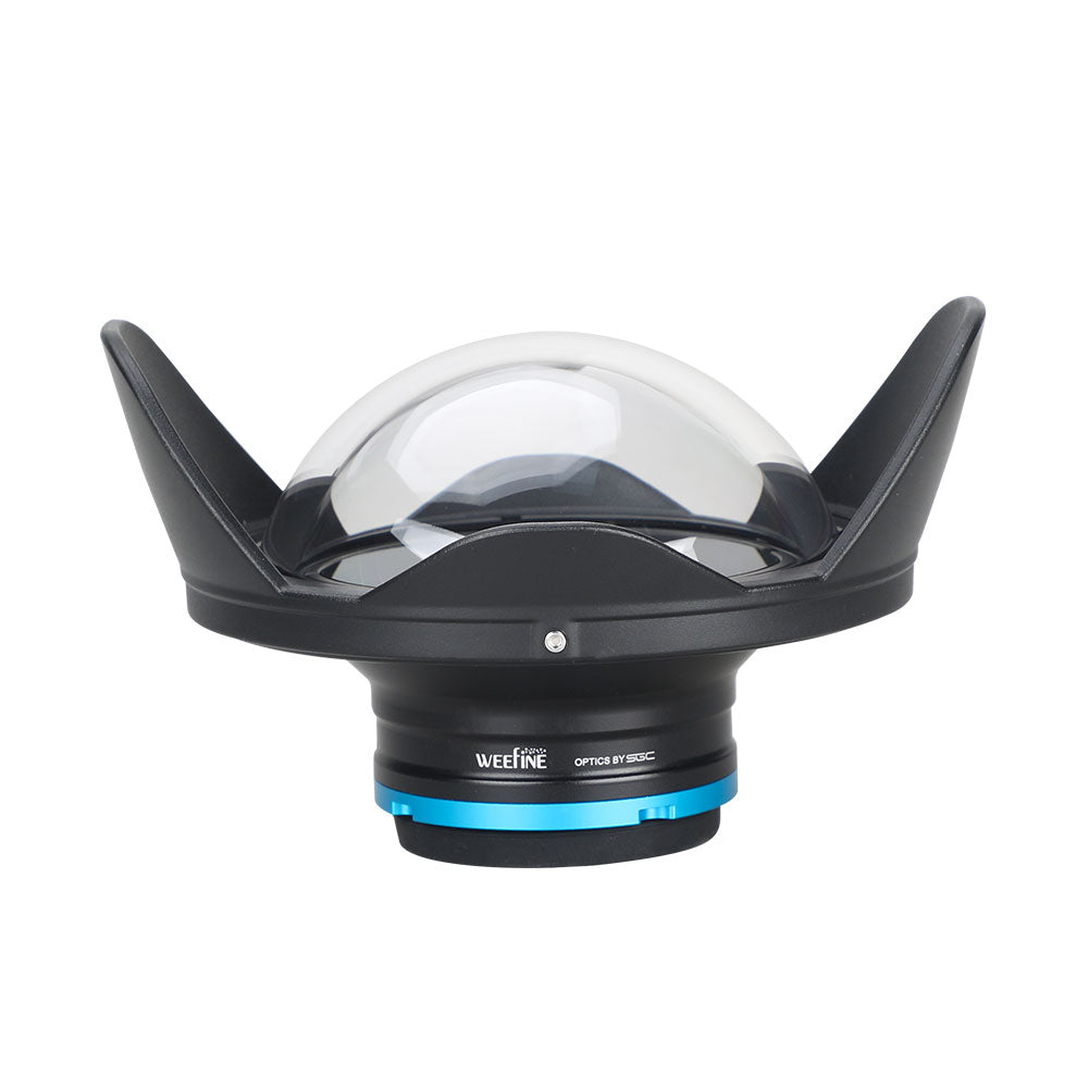 WeeFine WFL02 wide angle wet lens, front three-quarter view with the blue ring