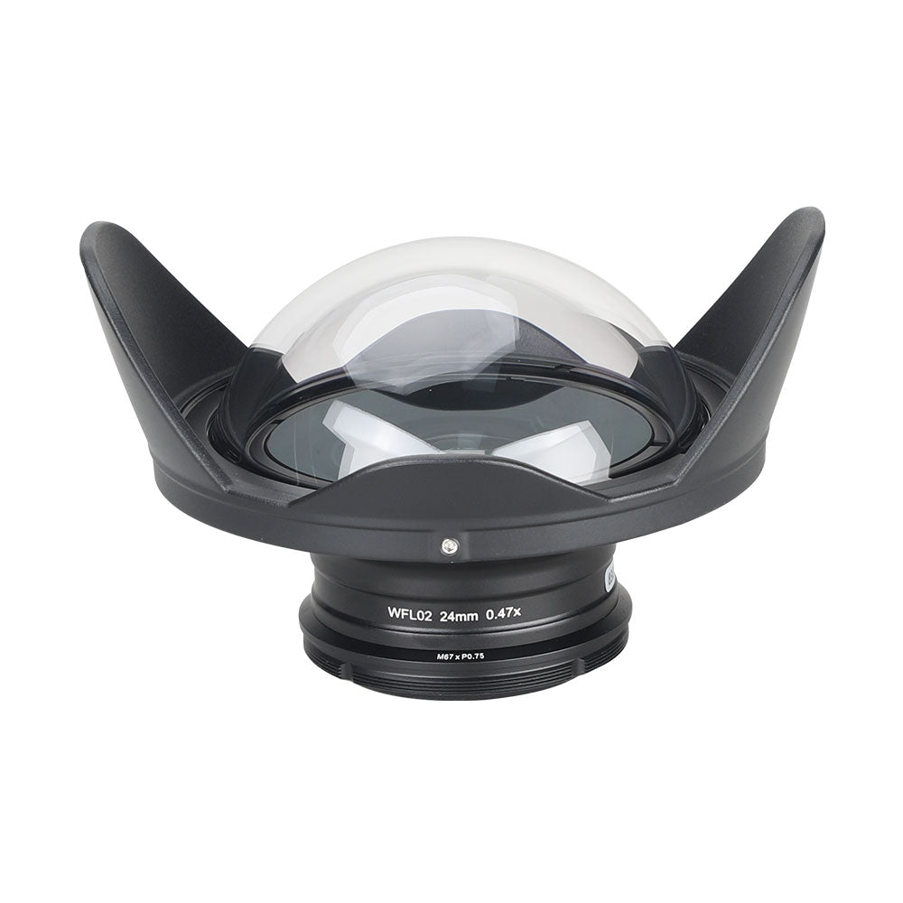 WeeFine WFL02X wide angle wet lens, front three-quarter view of the dome