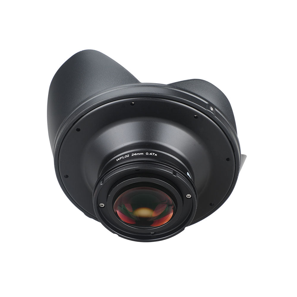 WeeFine WFL02X wide angle wet lens, front three-quarter view of the dome