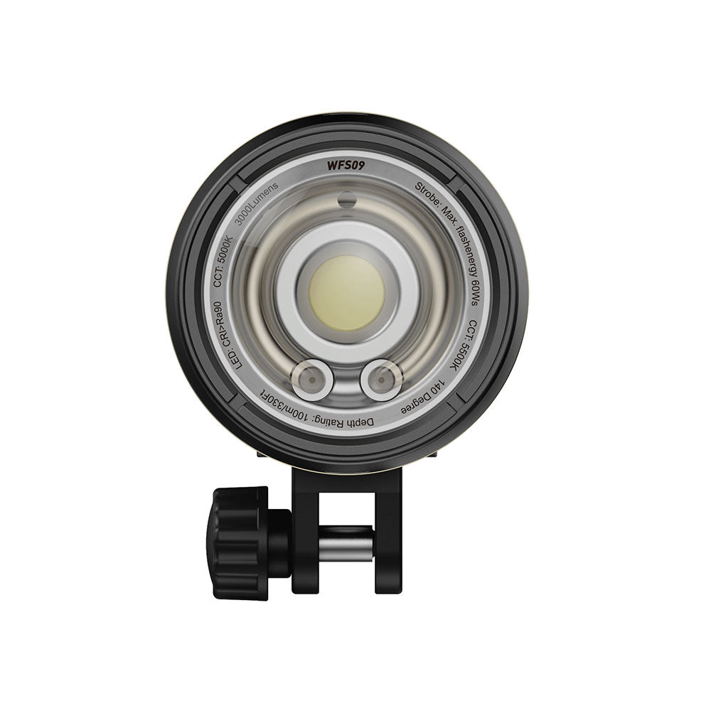 WeeFine WFS09 ring strobe, front three-quarter view with the glass dome