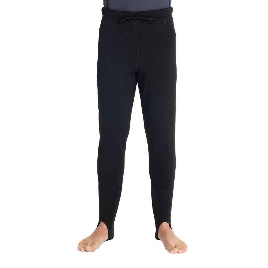 Men's Fourth Element Arctic leggings in black worn front on with the drawcord waist and stirrup feet