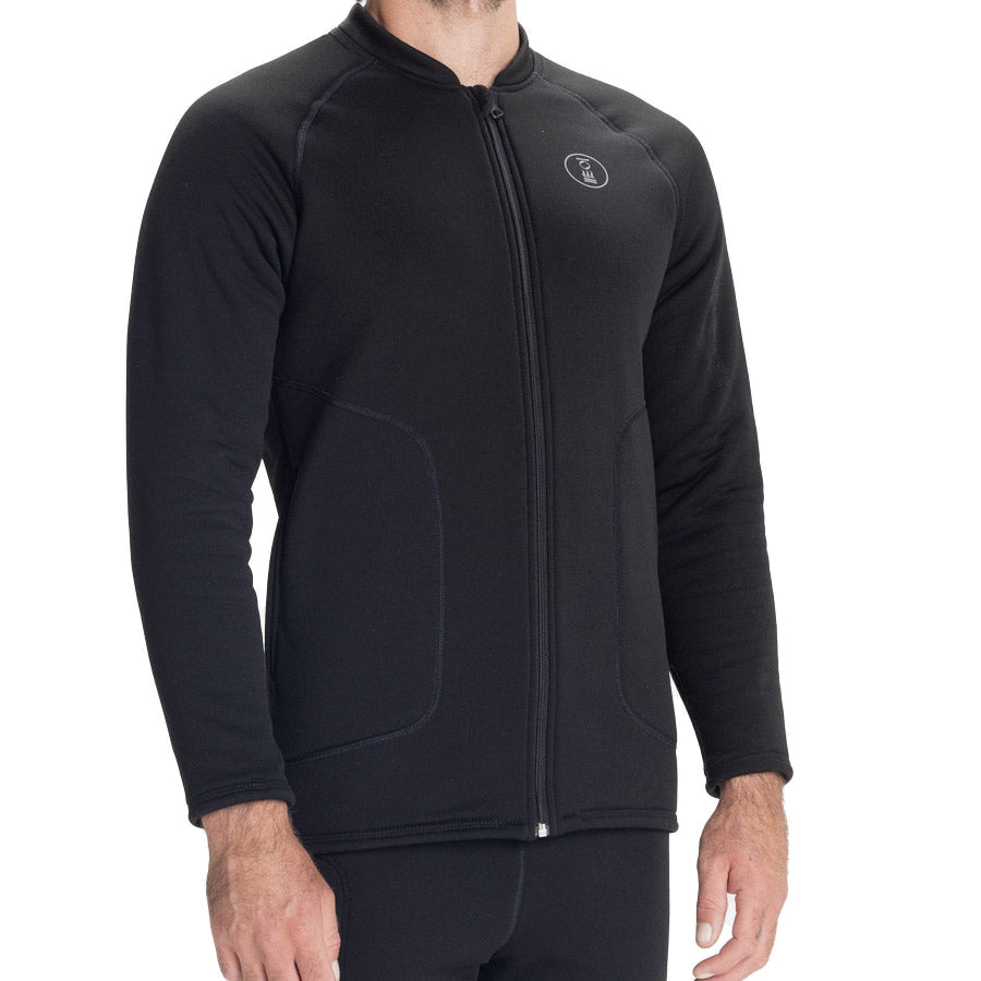 Men's Fourth Element Arctic top in black worn front on with the full-length zip