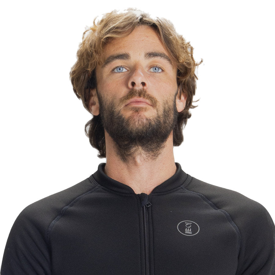 Men's Fourth Element Arctic top in black worn front on with the full-length zip