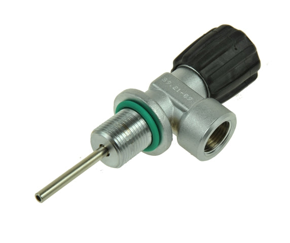 Tecline argon cylinder valve M25x2, angled view showing the outlet, black handwheel and dip tube