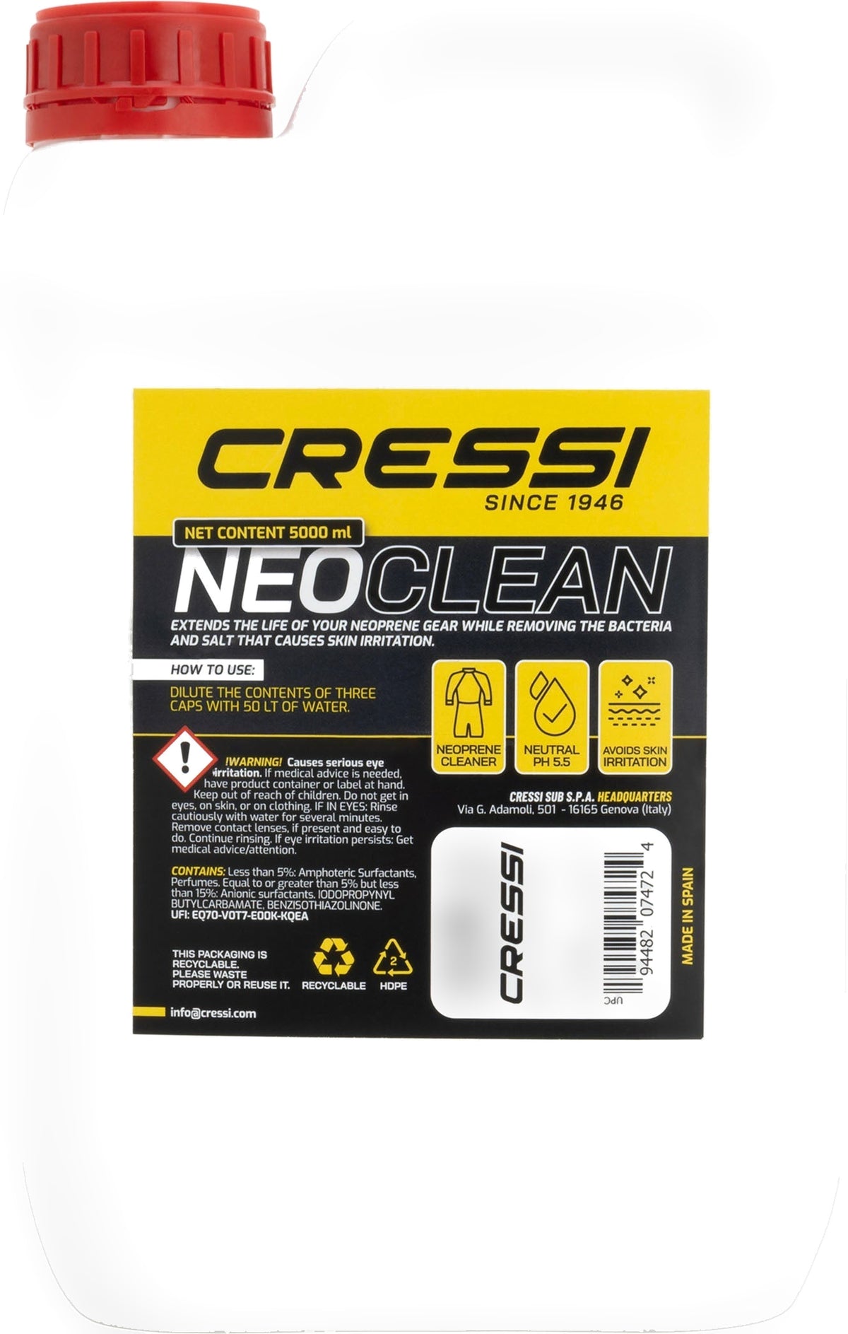 Black 500 ml bottle of Cressi Neoclean neoprene cleaner with a yellow label