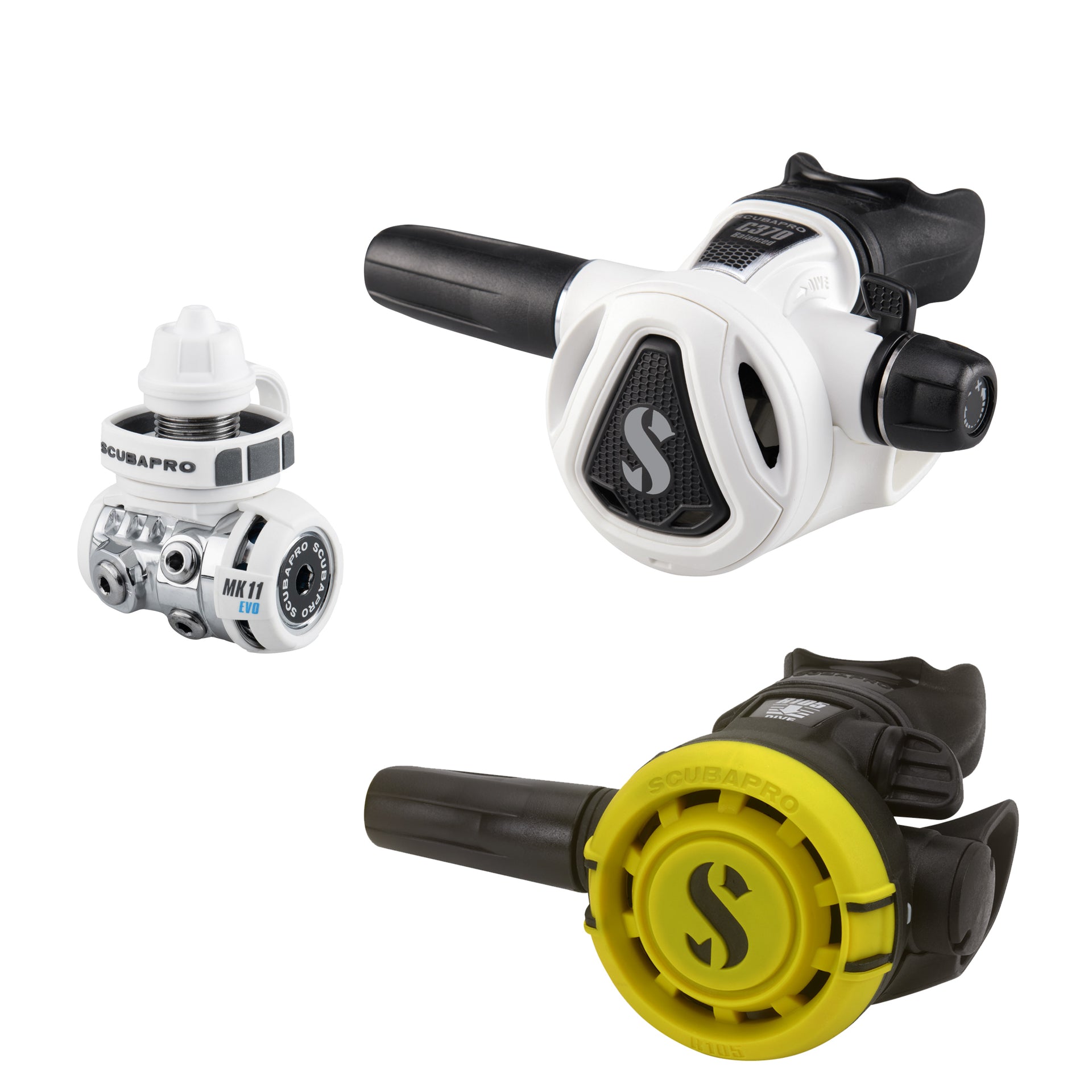 SCUBAPRO MK11 EVO and white C370 regulator set with R105 octopus