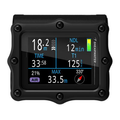 Shearwater Perdix 3 black dive computer displaying air mode at 18.2 metres