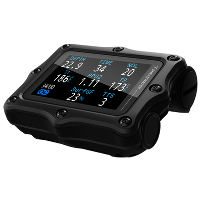 Shearwater Perdix 3 black dive computer, left angle view showing technical mode at 22.9 metres