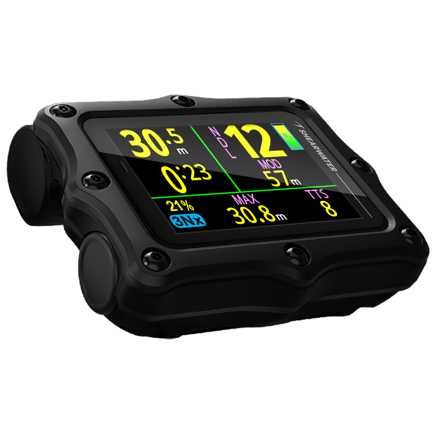 Shearwater Perdix 3 black dive computer, right angle view with Tropical Punch display colour scheme
