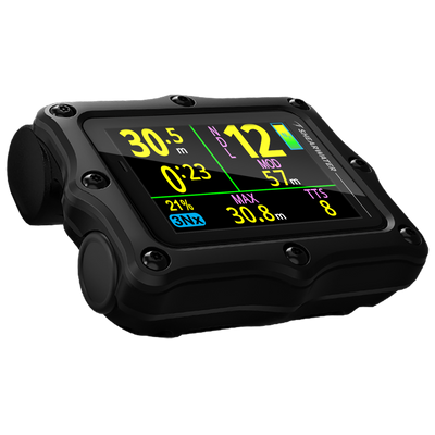 Shearwater Perdix 3 black dive computer, right angle view with Tropical Punch display colour scheme