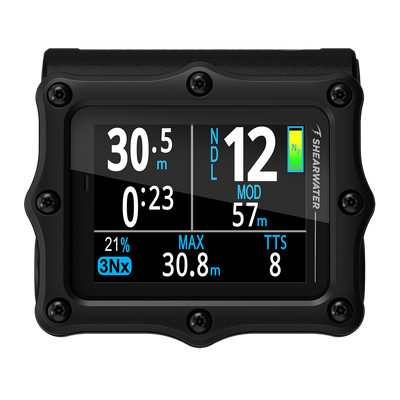 Shearwater Perdix 3 dive computer in black, front view showing the BIG layout dive display