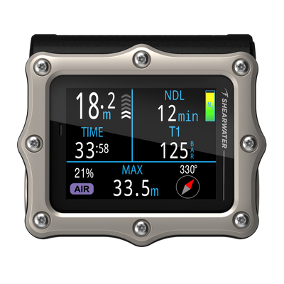 Shearwater Perdix 3 dive computer in silver, front view displaying air mode at 18.2 metres