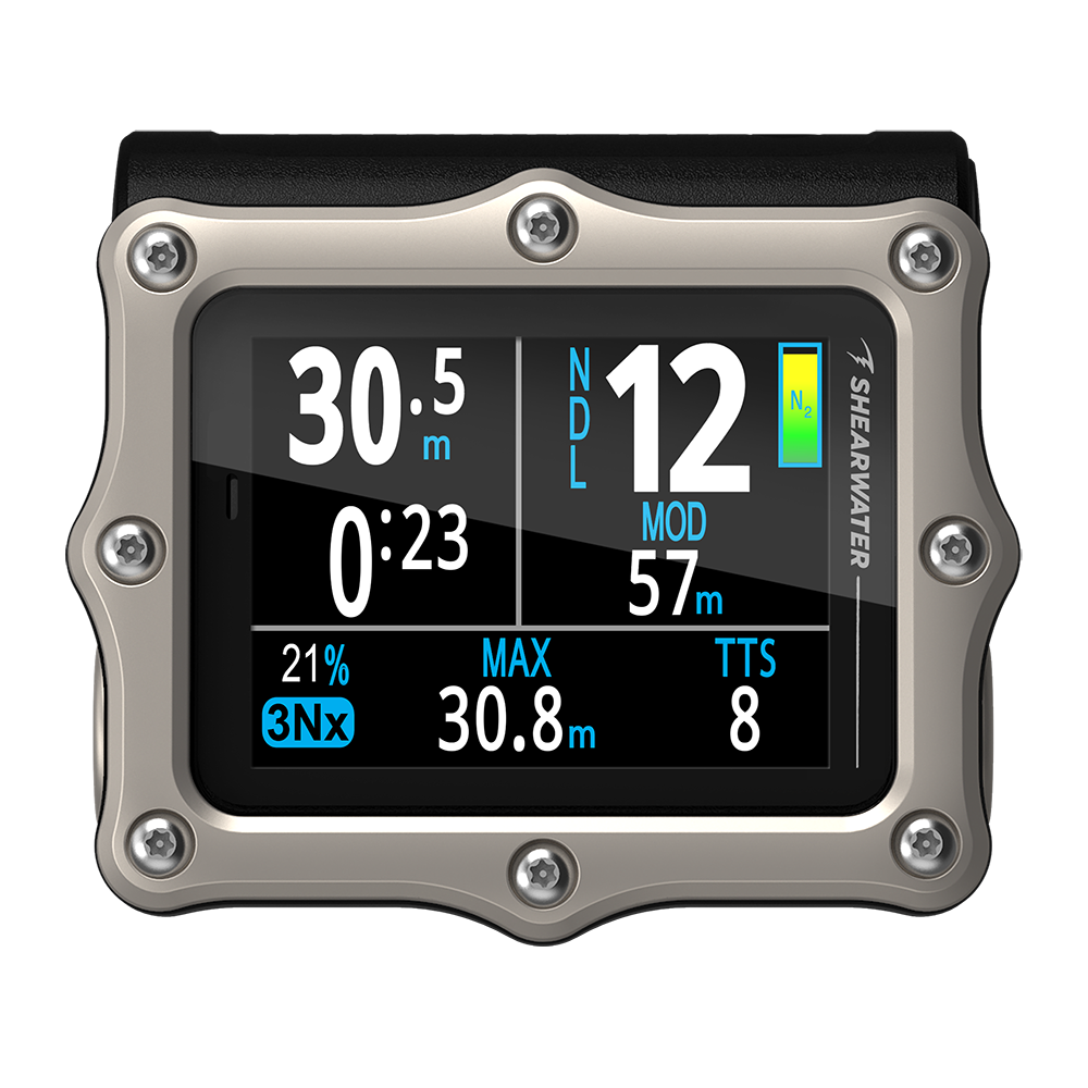 Shearwater Perdix 3 silver dive computer showing the BIG font layout with enlarged depth and time fields