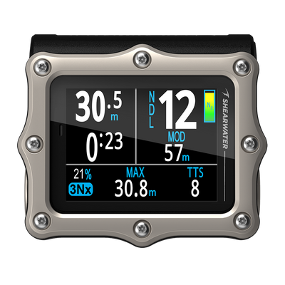 Shearwater Perdix 3 silver dive computer showing the BIG font layout with enlarged depth and time fields