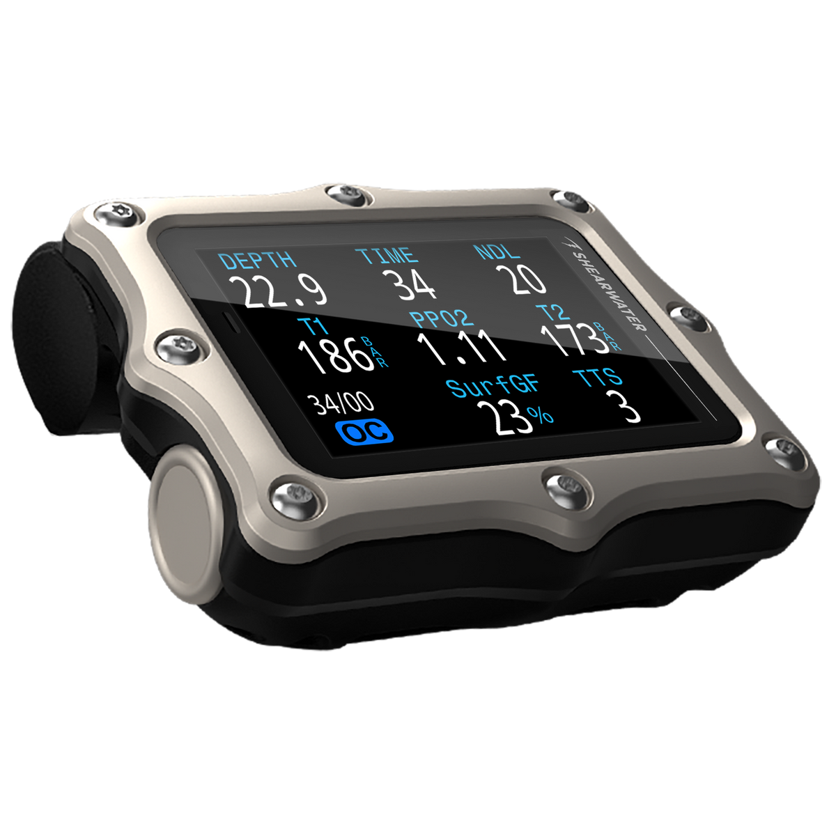 Shearwater Perdix 3 silver dive computer, right angle view showing technical mode and tank pressure in bar