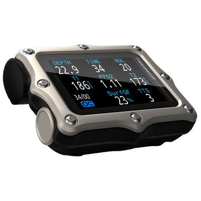Shearwater Perdix 3 silver dive computer, right angle view showing technical mode and tank pressure in bar