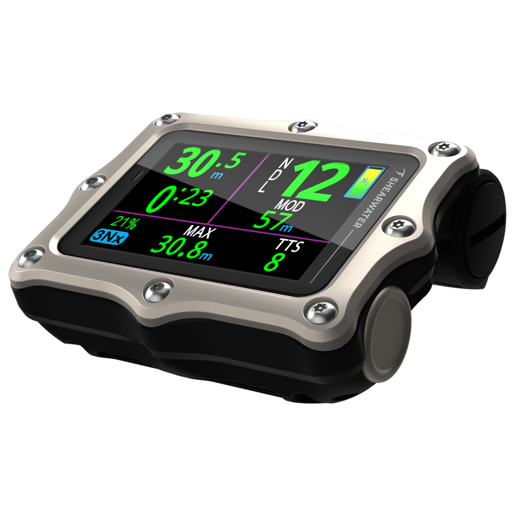 Shearwater Perdix 3 silver dive computer, left angle view with Neon Current display colour scheme