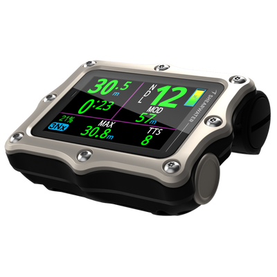 Shearwater Perdix 3 silver dive computer, left angle view with Neon Current display colour scheme