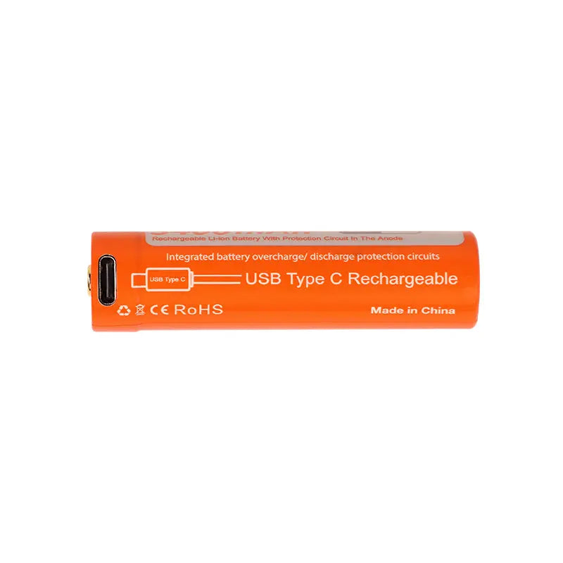 OrcaTorch 18650 USB-C cell in orange, stood on end to show the charging port