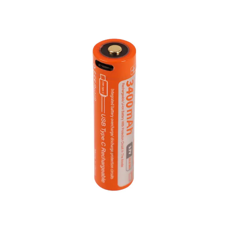 OrcaTorch 18650 USB-C cell in orange, stood on end to show the charging port