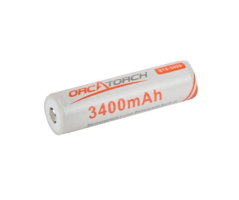 OrcaTorch 18650 rechargeable cell lying flat, showing the 3400mAh label