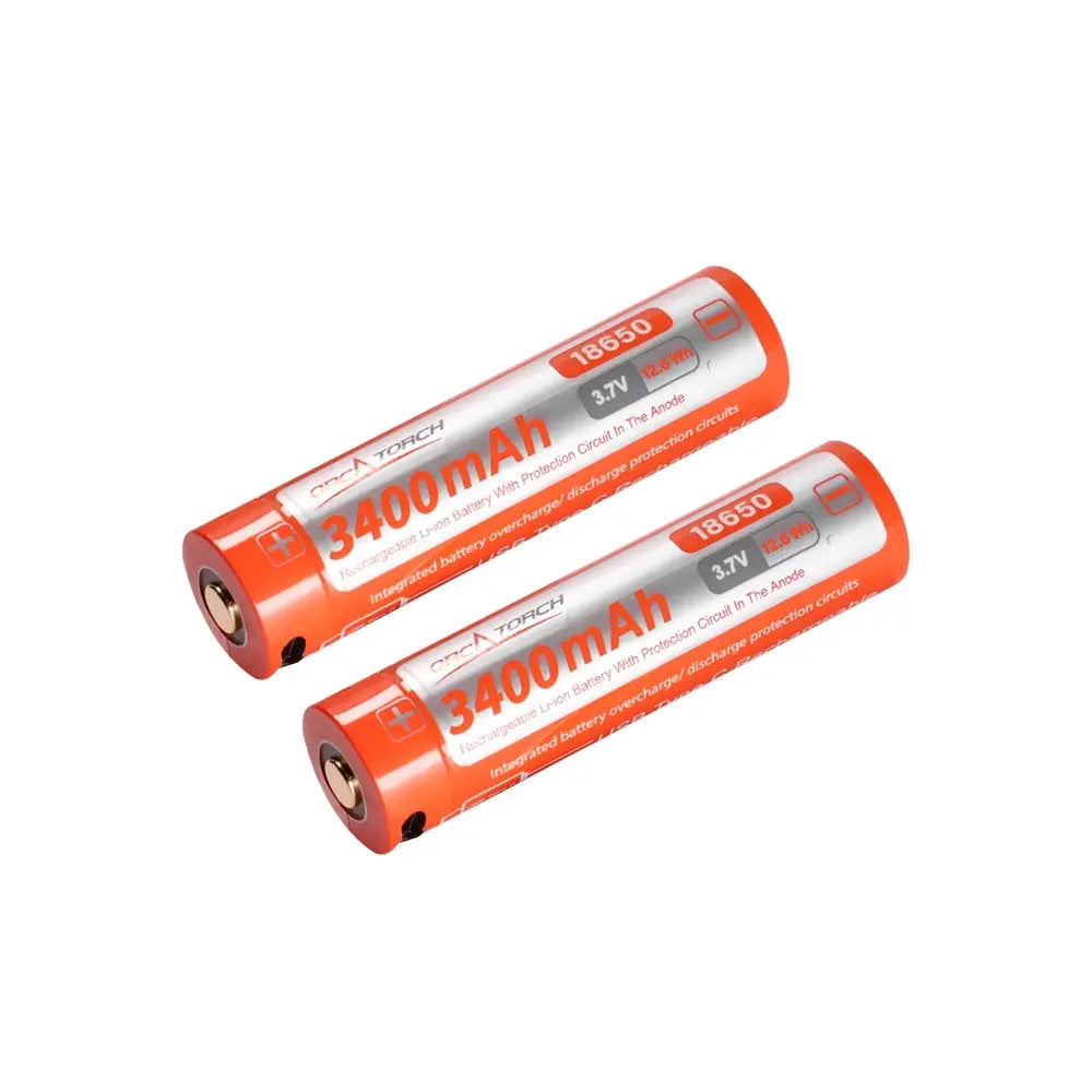 OrcaTorch 18650 USB-C cell in orange, stood on end to show the charging port