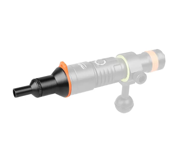 OrcaTorch snoot fitted to a dive light, shown against an outline of the torch